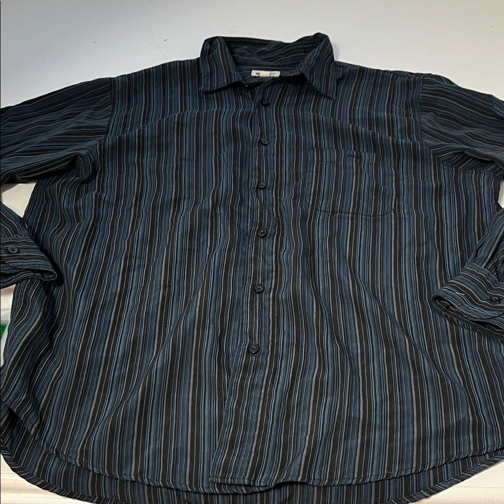 Haggar Clothing XL Blue Black Striped Long Sleeve Button Up Collared Top